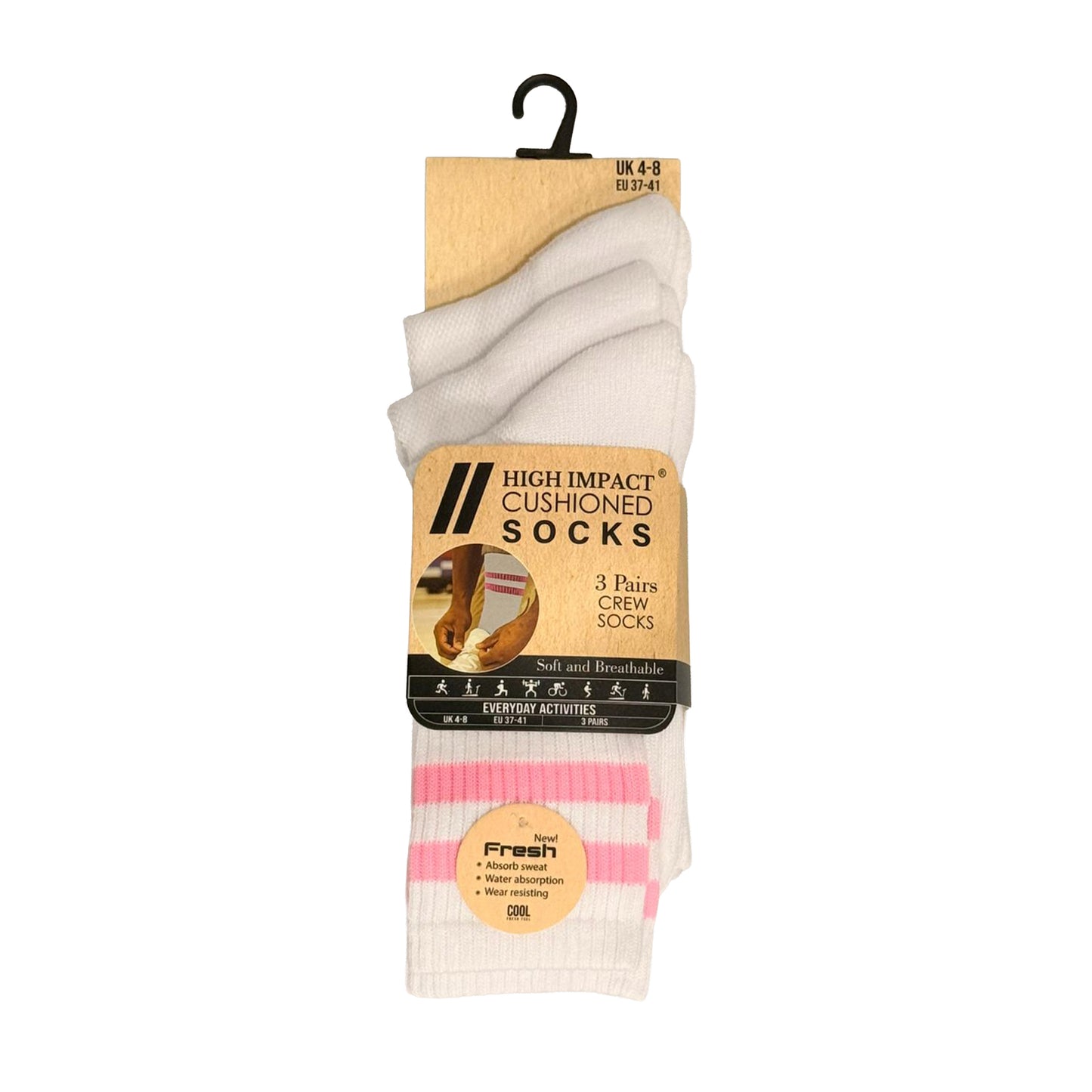 Ladies 3 Pair Cushioned Sport Socks - White - Assorted Stripes (12 Pairs)