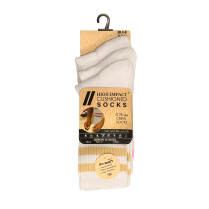 Ladies 3 Pair Cushioned Sport Socks - White - Assorted Stripes (12 Pairs)