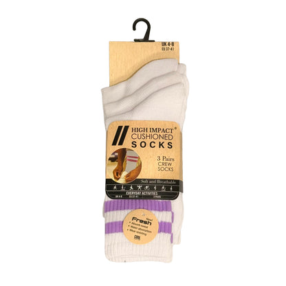 Ladies 3 Pair Cushioned Sport Socks - White - Assorted Stripes (12 Pairs)