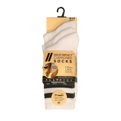 Ladies 3 Pair Cushioned Sport Socks - White - Assorted Stripes (12 Pairs)