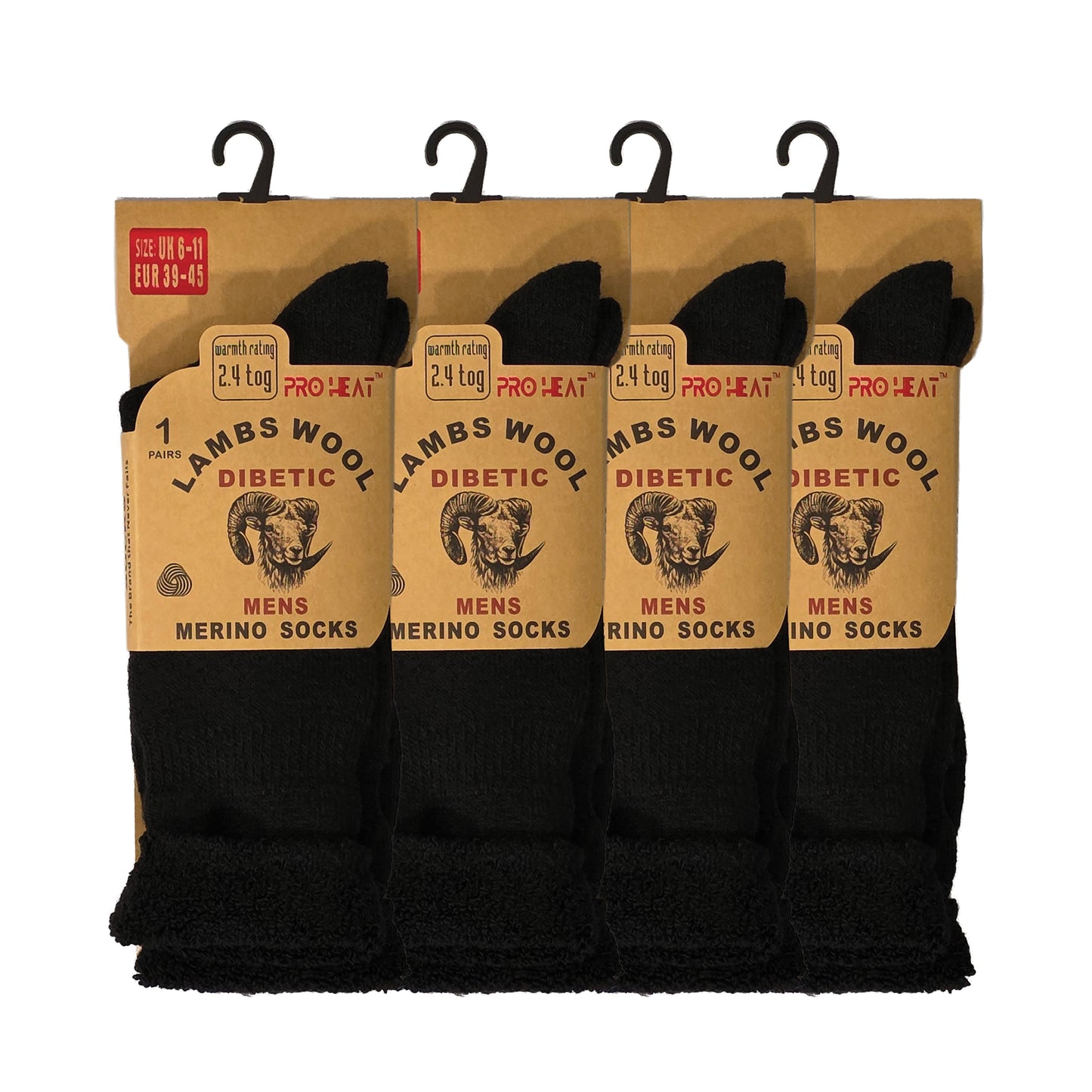 Mens Diabetic Merino Lambs Wool Socks - Black (12 Pairs)