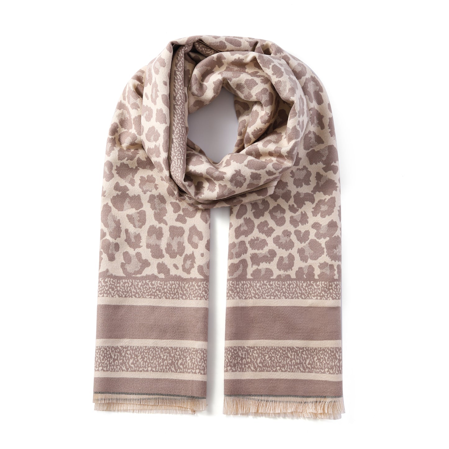 Luxurious Double Sided Jacquard Scarf - Leopard with Striped Border