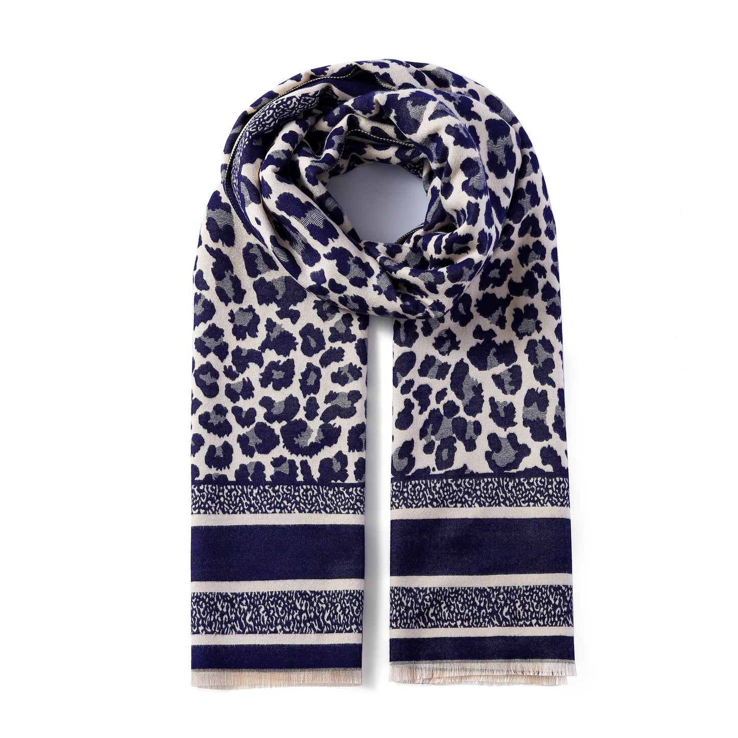Luxurious Double Sided Jacquard Scarf - Leopard with Striped Border