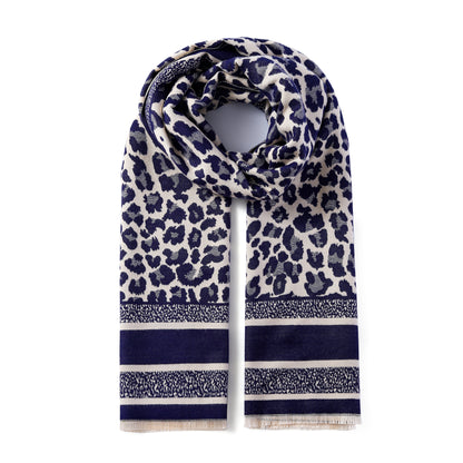 Luxurious Double Sided Jacquard Scarf - Leopard with Striped Border