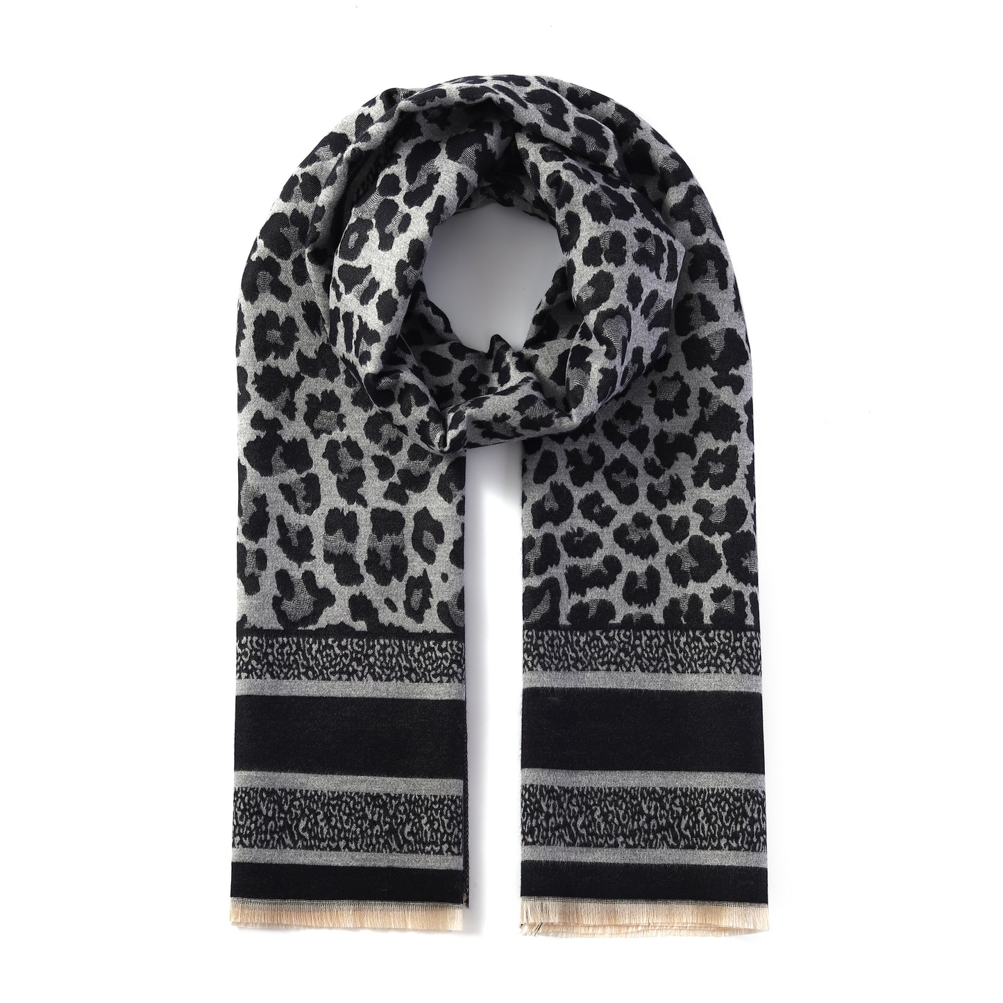 Luxurious Double Sided Jacquard Scarf - Leopard with Striped Border