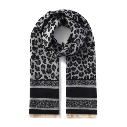 Luxurious Double Sided Jacquard Scarf - Leopard with Striped Border