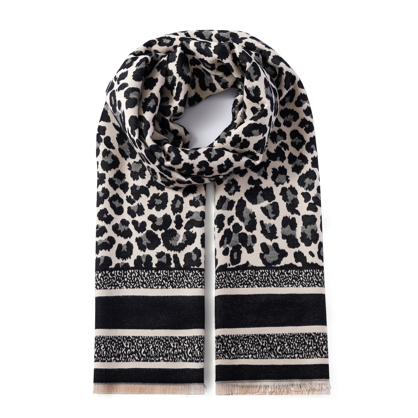 Luxurious Double Sided Jacquard Scarf - Leopard with Striped Border