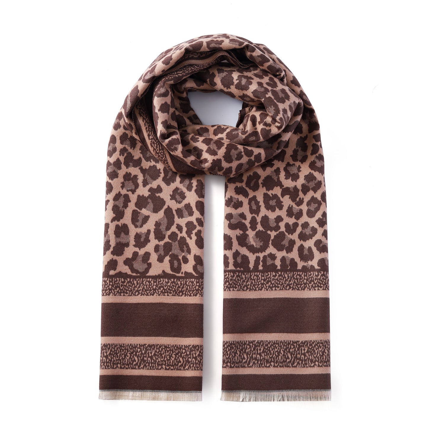 Luxurious Double Sided Jacquard Scarf - Leopard with Striped Border