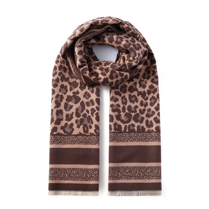 Luxurious Double Sided Jacquard Scarf - Leopard with Striped Border