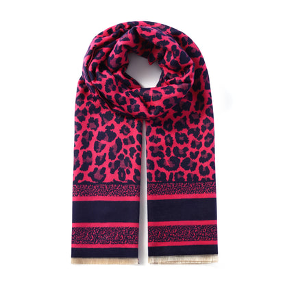 Luxurious Double Sided Jacquard Scarf - Leopard with Striped Border