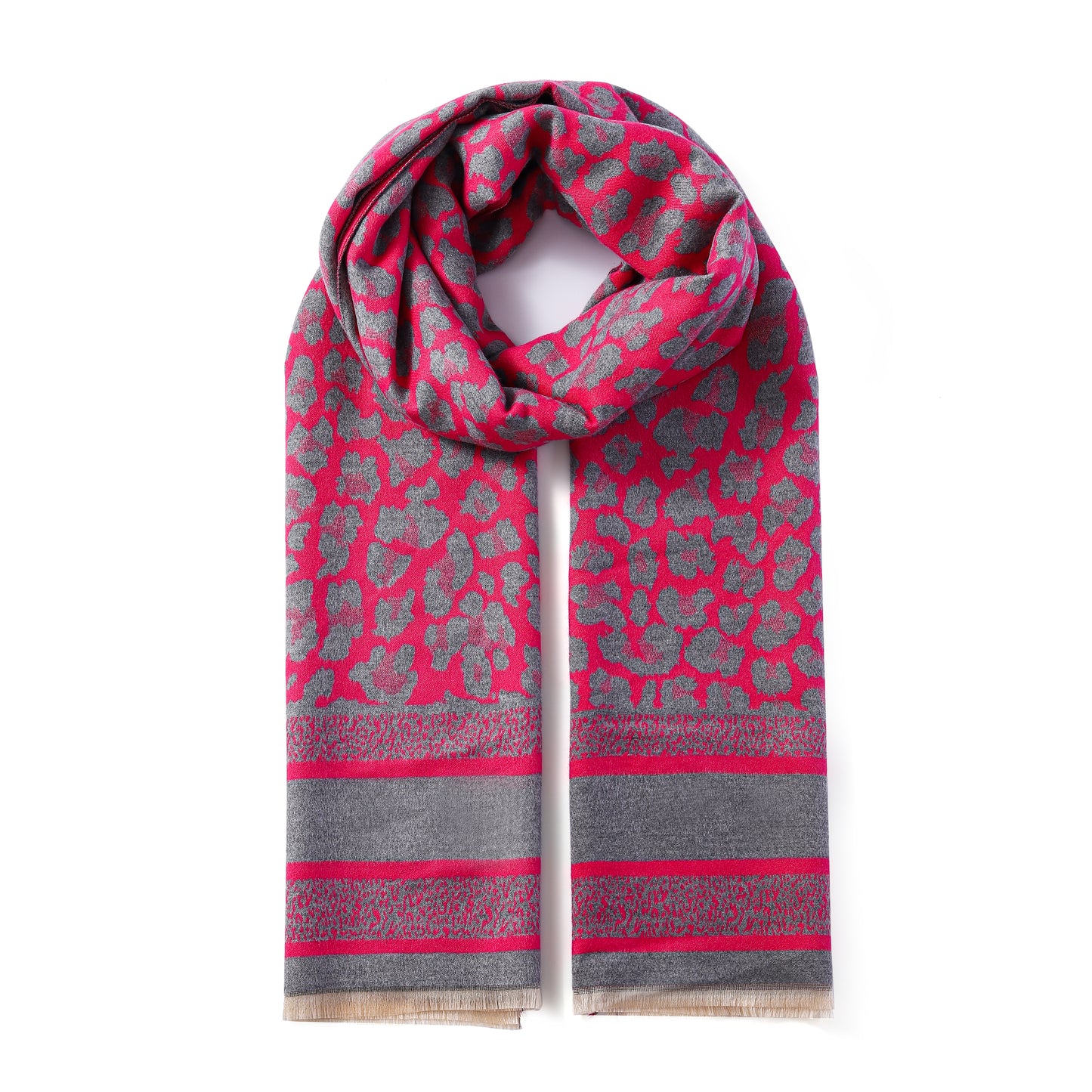 Luxurious Double Sided Jacquard Scarf - Leopard with Striped Border