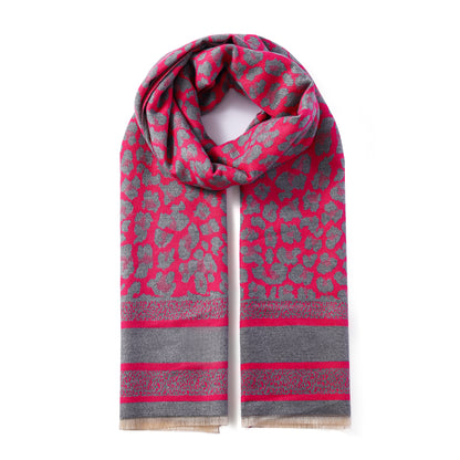 Luxurious Double Sided Jacquard Scarf - Leopard with Striped Border