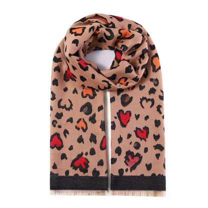 Luxurious Double Sided Jacquard Scarf - Leopard Hearts