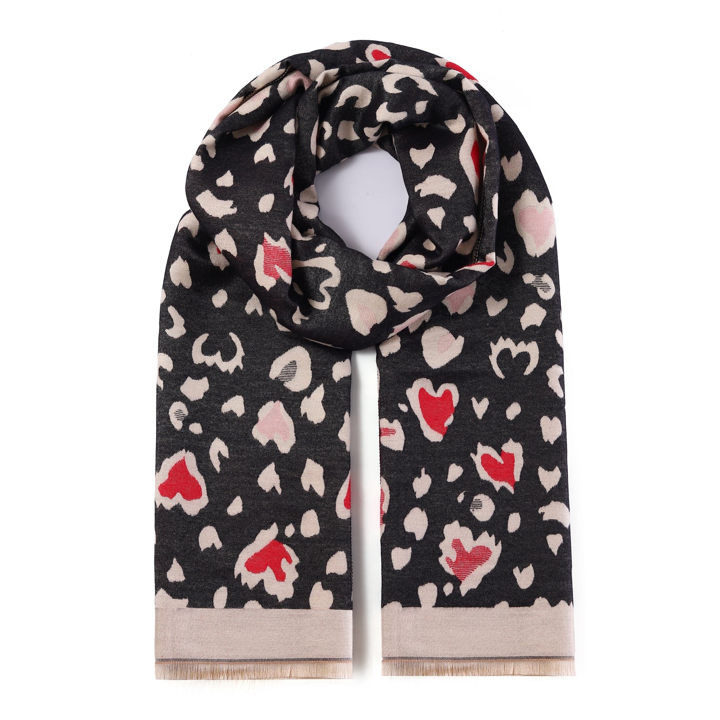 Luxurious Double Sided Jacquard Scarf - Leopard Hearts
