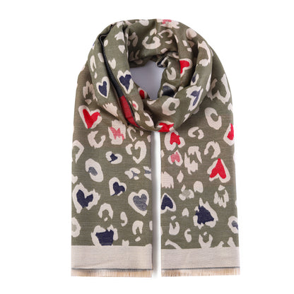 Luxurious Double Sided Jacquard Scarf - Leopard Hearts