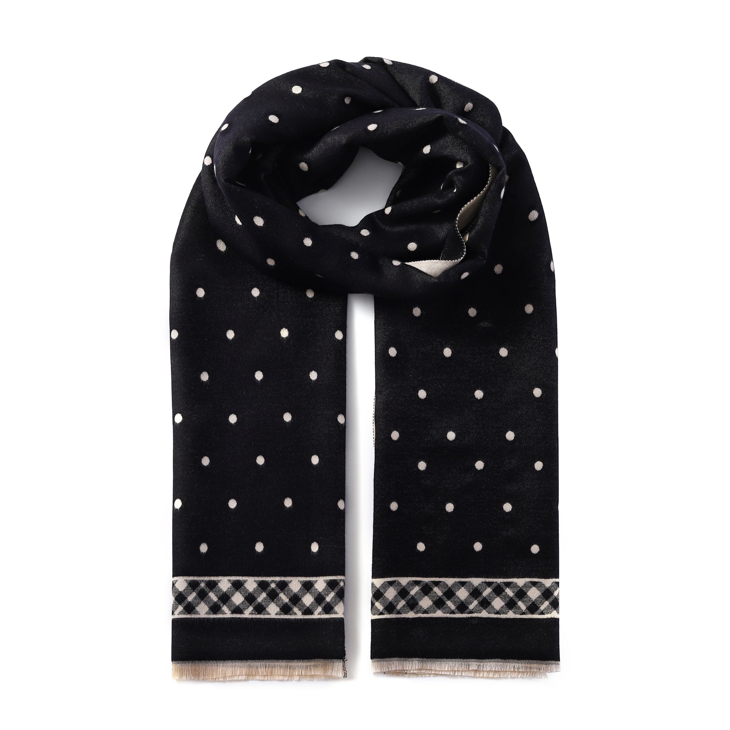 Luxurious Double Sided Jacquard Scarf - Polka Dots with Checkered Border