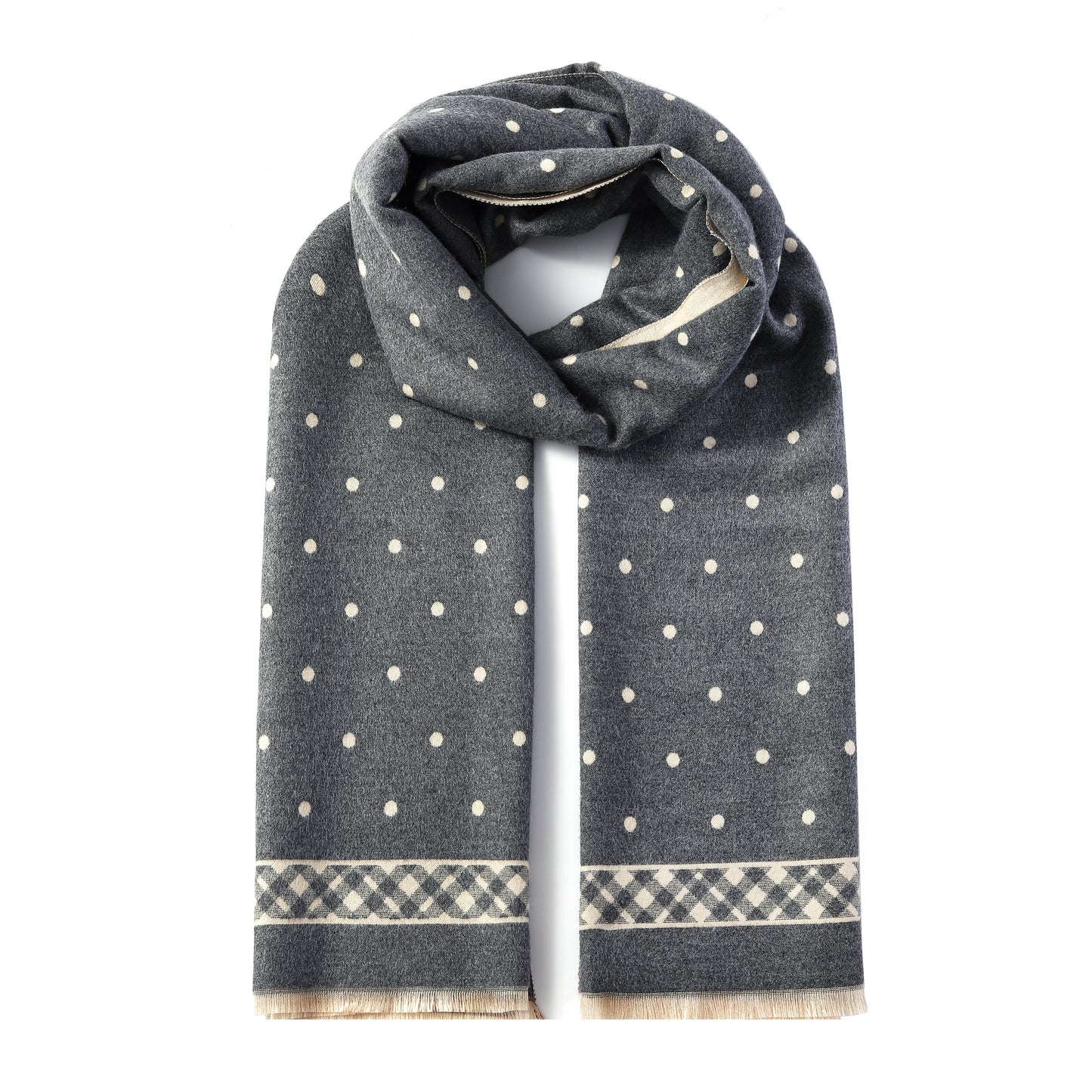 Luxurious Double Sided Jacquard Scarf - Polka Dots with Checkered Border