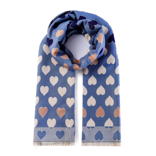 Luxurious Double Sided Jacquard Scarf - Multi-Colour Hearts
