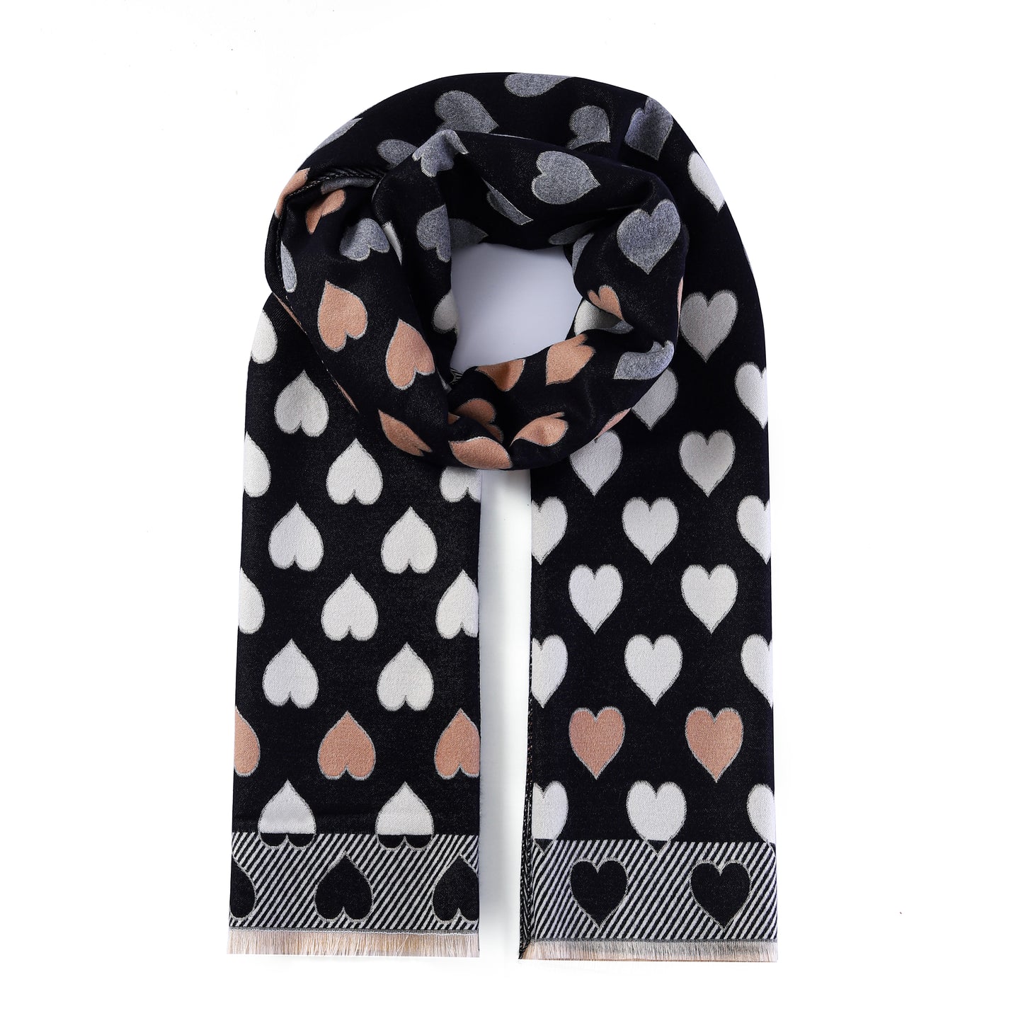 Luxurious Double Sided Jacquard Scarf - Multi-Colour Hearts