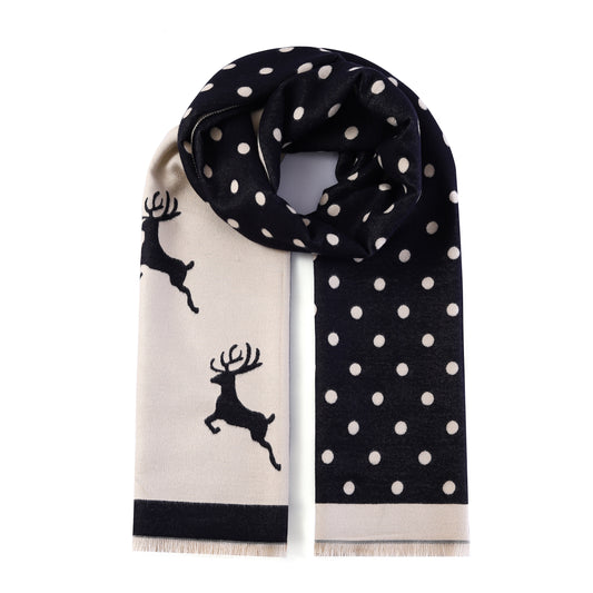 Luxurious Double Sided Jacquard Scarf - Polka Dot Deer Elegance