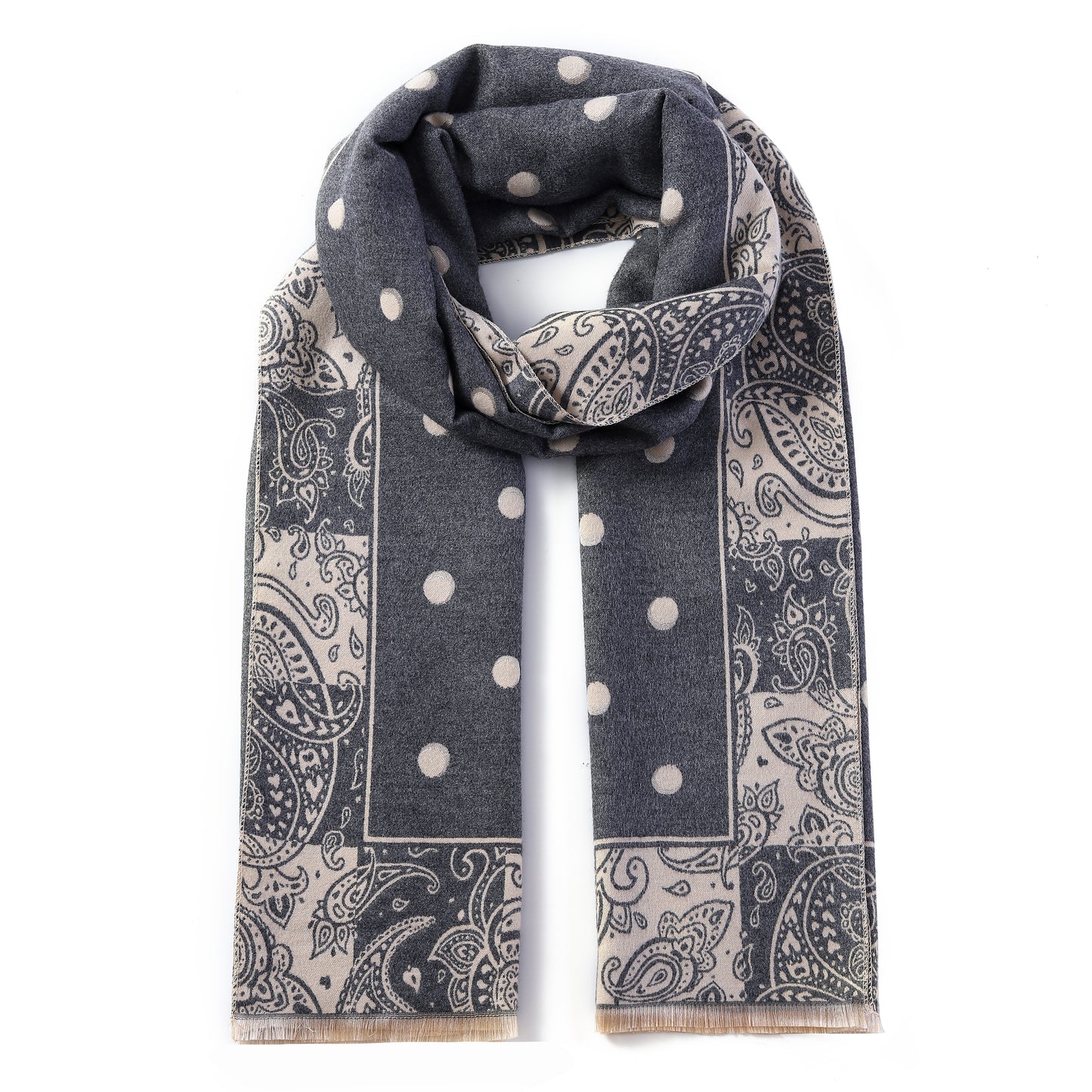 Luxurious Double Sided Jacquard Scarf - Polka Dots with Paisley Border