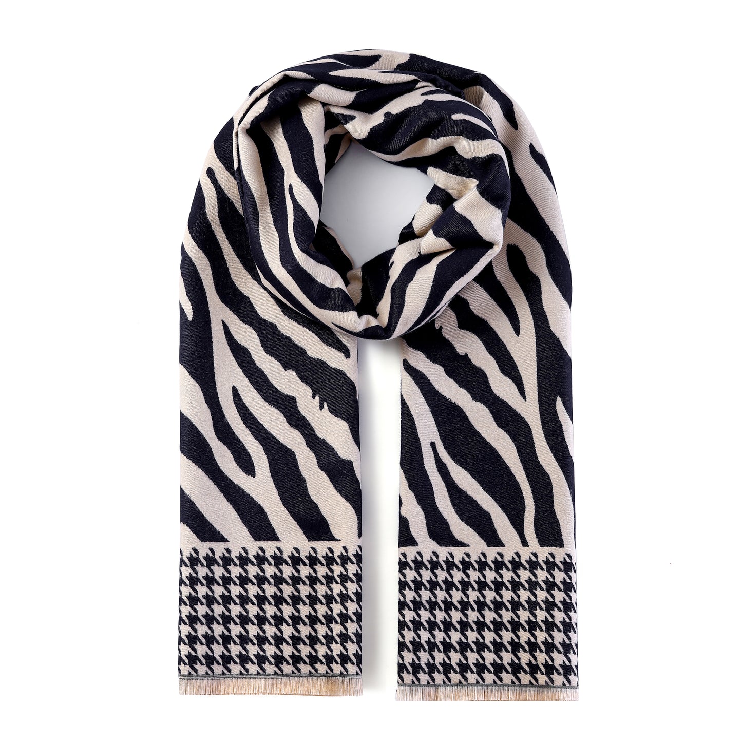 Luxurious Double Sided Jacquard Scarf - Zebra Waves with Houndstooth Border