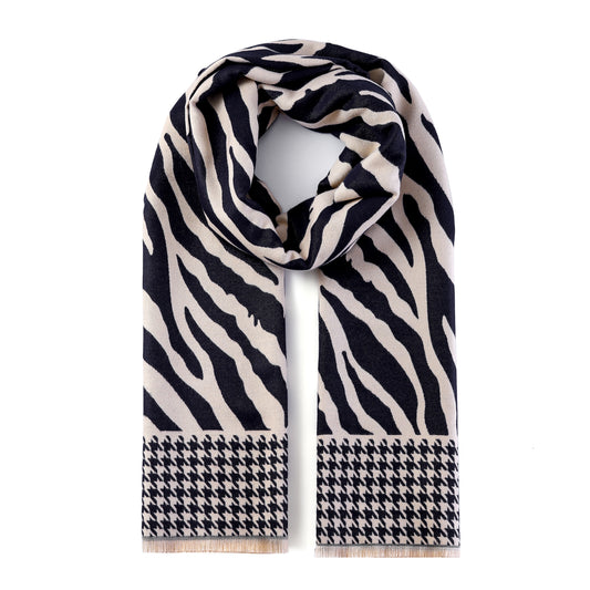 Luxurious Double Sided Jacquard Scarf - Zebra Waves with Houndstooth Border