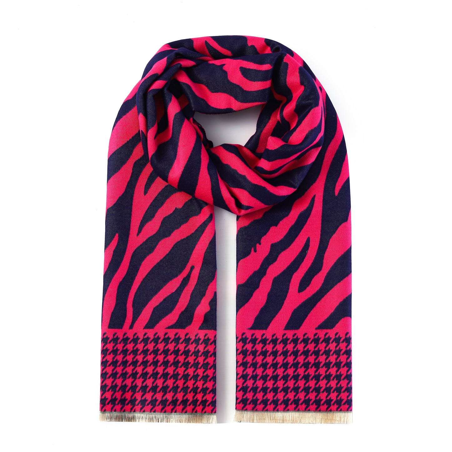 Luxurious Double Sided Jacquard Scarf - Zebra Waves with Houndstooth Border