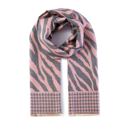 Luxurious Double Sided Jacquard Scarf - Zebra Waves with Houndstooth Border