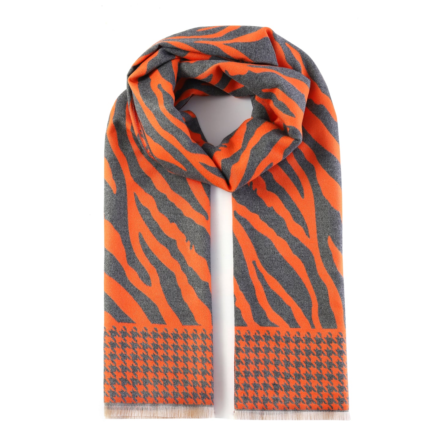 Luxurious Double Sided Jacquard Scarf - Zebra Waves with Houndstooth Border