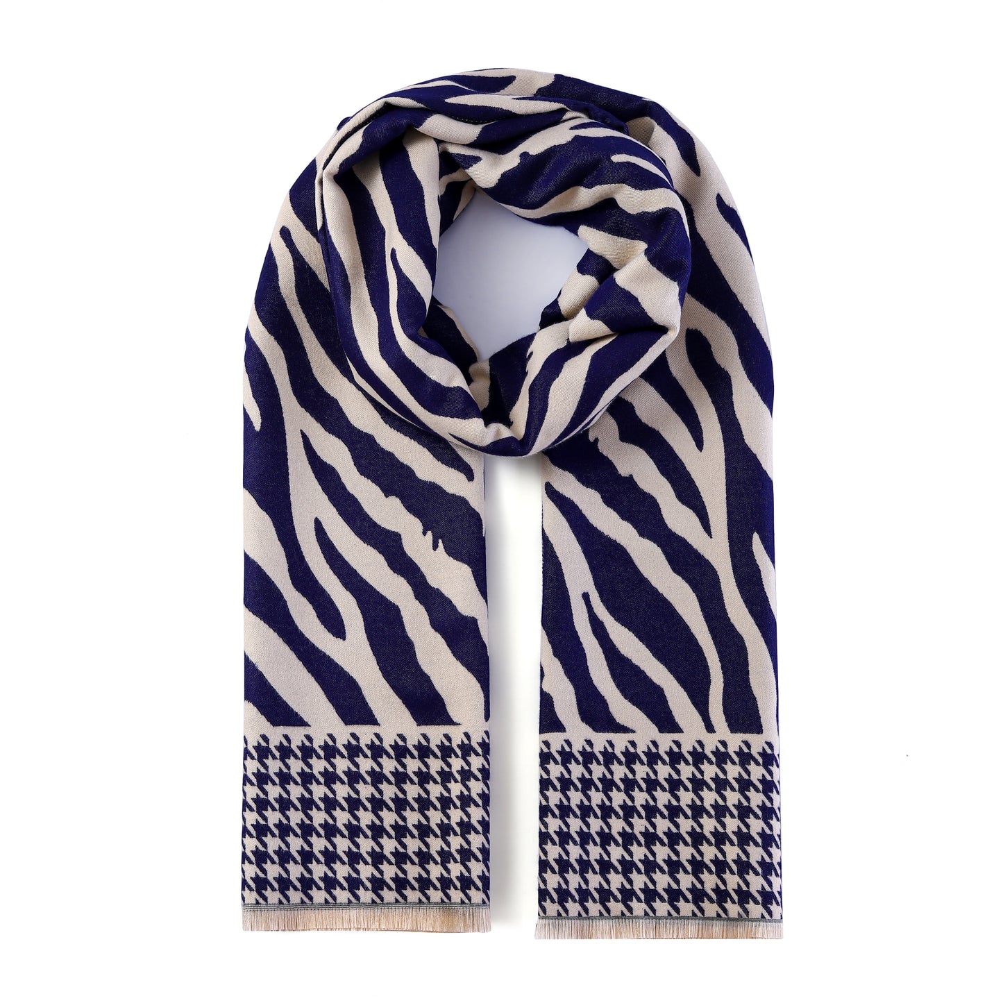 Luxurious Double Sided Jacquard Scarf - Zebra Waves with Houndstooth Border