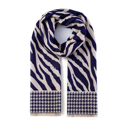 Luxurious Double Sided Jacquard Scarf - Zebra Waves with Houndstooth Border
