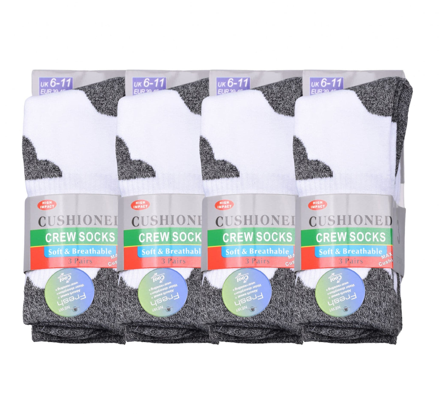 Mens 3 Pair Sport Socks - White/Grey (12 Pairs)