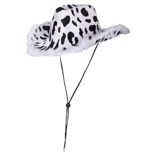 Cow Print Cowboy Hat with Feather Trim