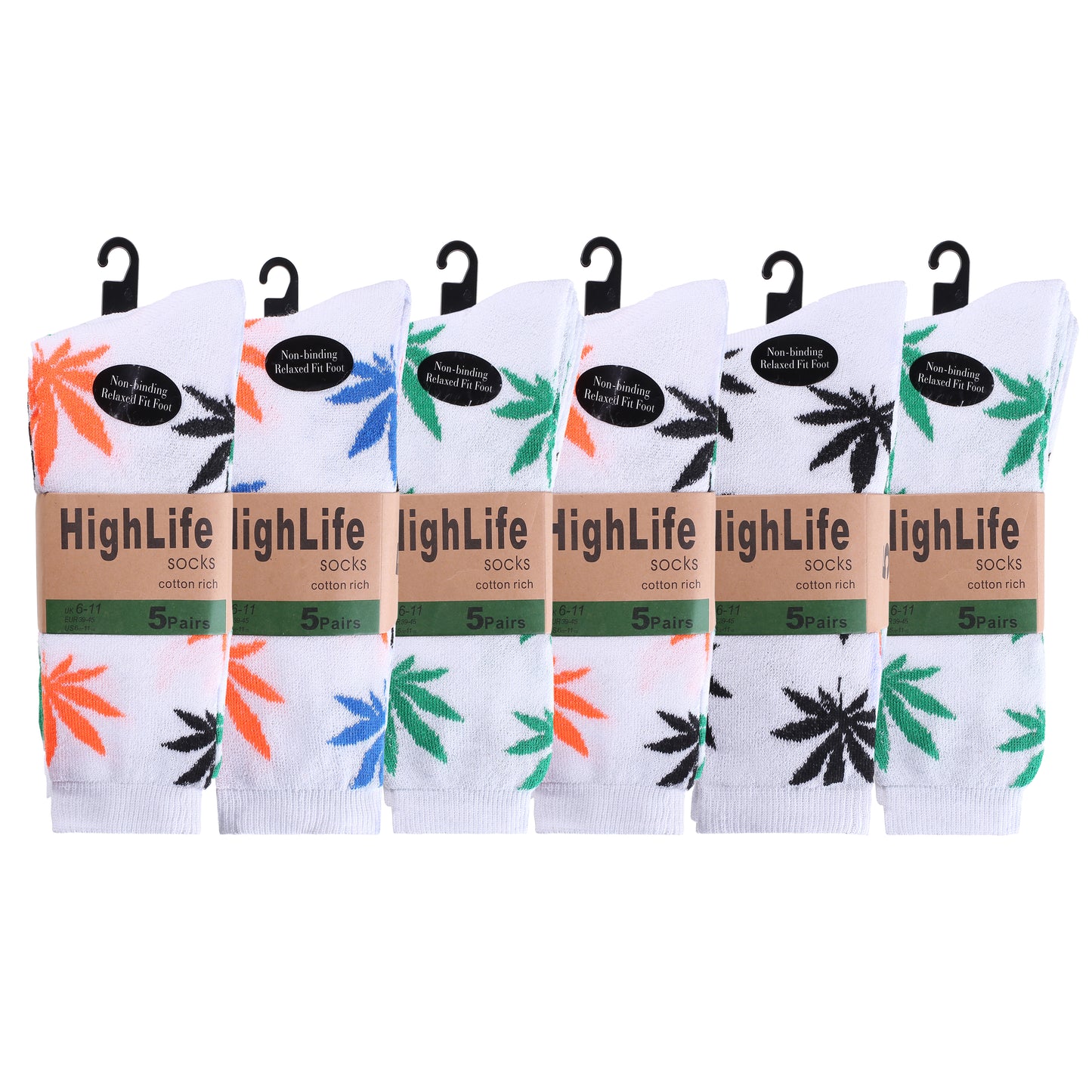 Mens 5 Pair Pair Sport Socks - White Multi Ganja Leaf (30 Pairs)