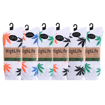 Mens 5 Pair Pair Sport Socks - White Multi Ganja Leaf (30 Pairs)