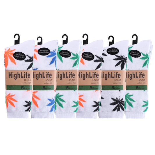 Mens 5 Pair Pair Sport Socks - White Multi Ganja Leaf (30 Pairs)