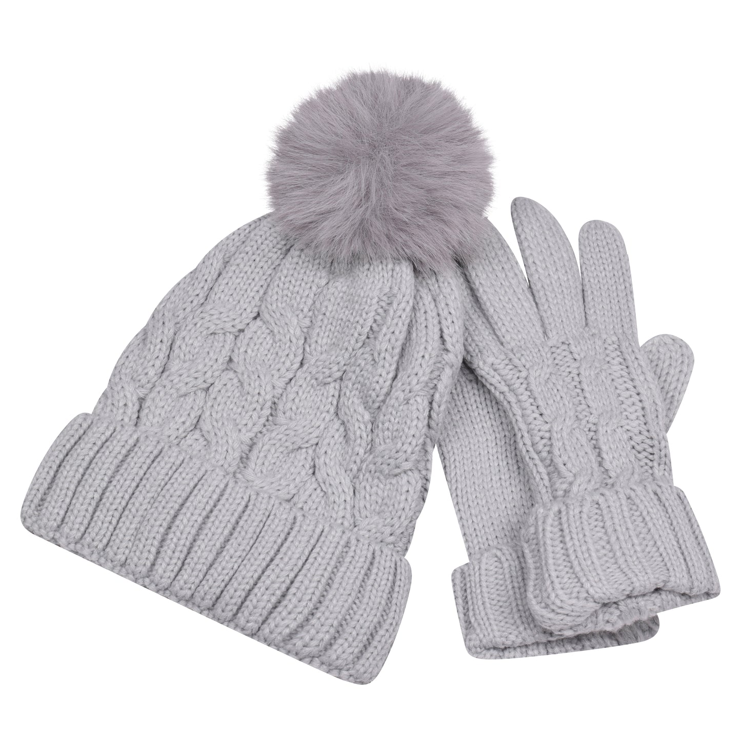 Ladies Cable Knit Pompom Hat & Glove Set
