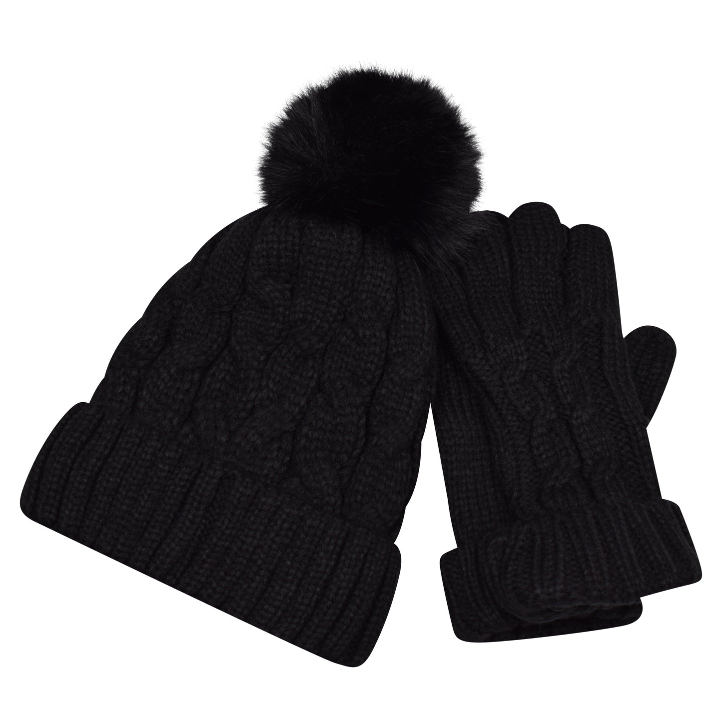 Ladies Cable Knit Pompom Hat & Glove Set