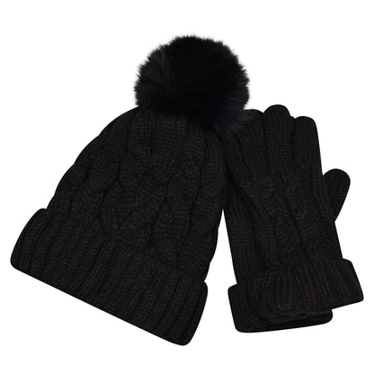 Ladies Cable Knit Pompom Hat & Glove Set