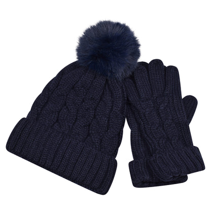 Ladies Cable Knit Pompom Hat & Glove Set