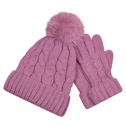 Ladies Cable Knit Pompom Hat & Glove Set