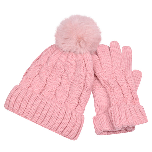 Ladies Cable Knit Pompom Hat & Glove Set