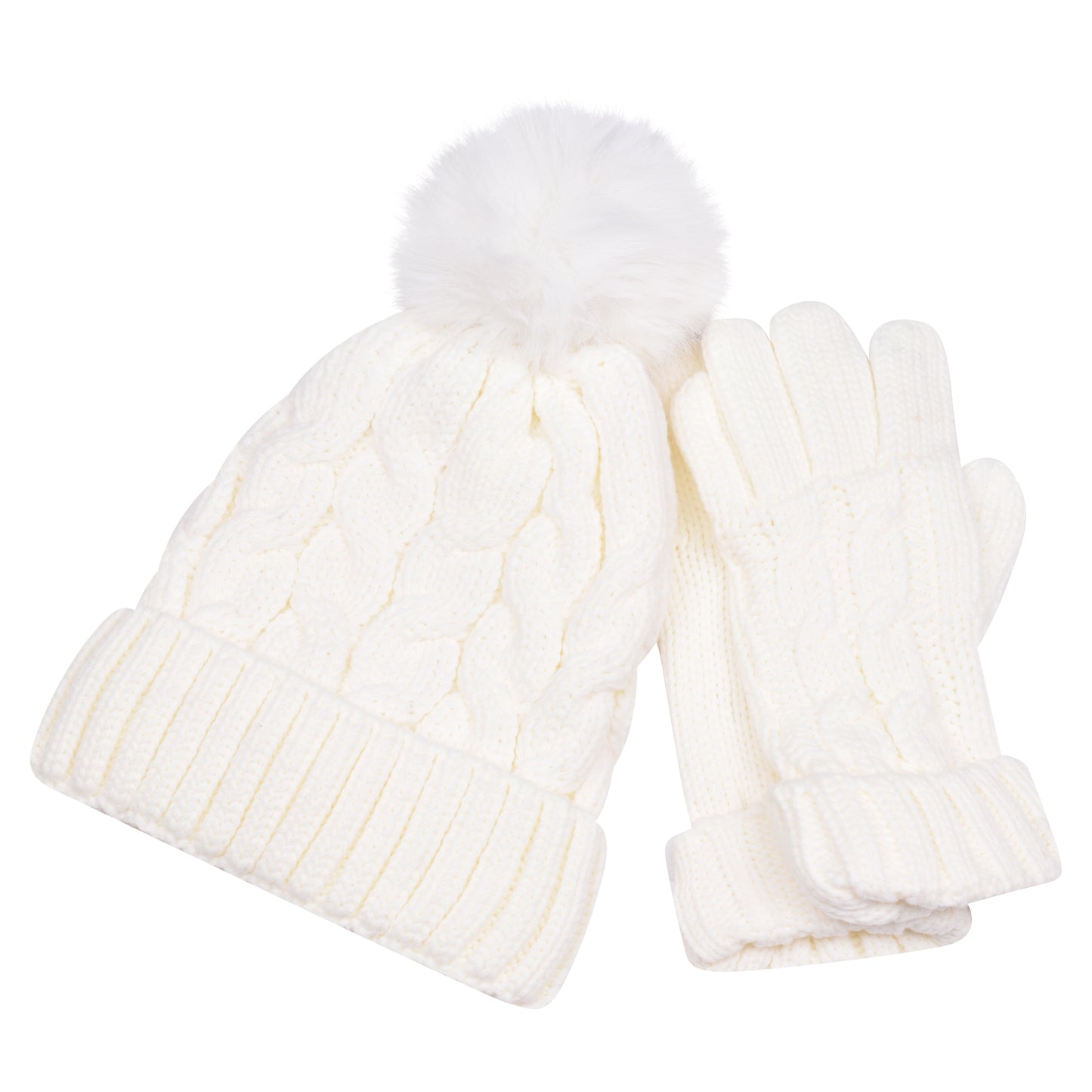 Ladies Cable Knit Pompom Hat & Glove Set