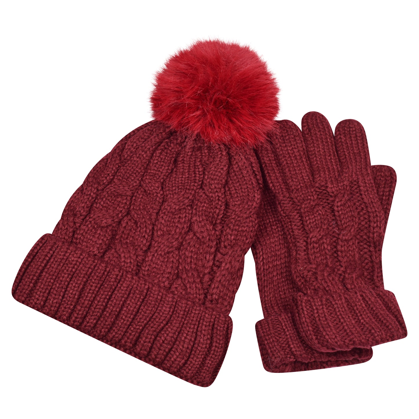 Ladies Cable Knit Pompom Hat & Glove Set