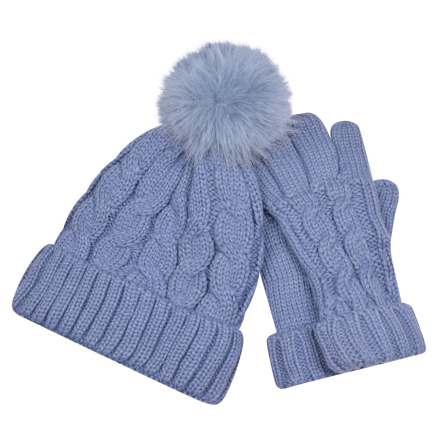 Ladies Cable Knit Pompom Hat & Glove Set
