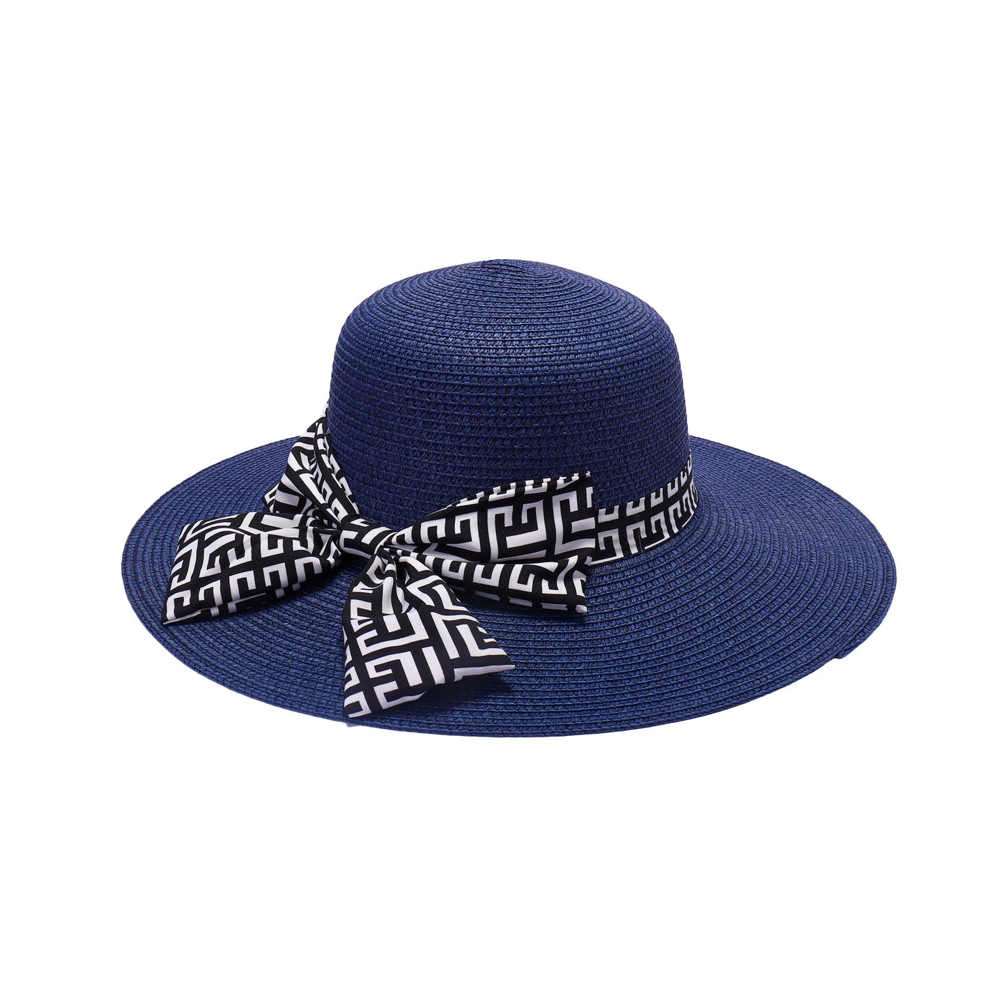 Ladies Sun Hat with Wide Brim and Geometric Pattern Bow
