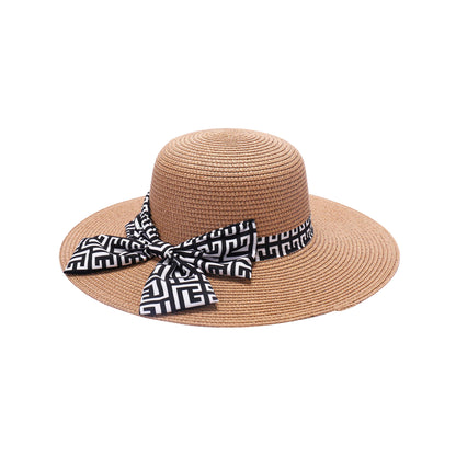 Ladies Sun Hat with Wide Brim and Geometric Pattern Bow