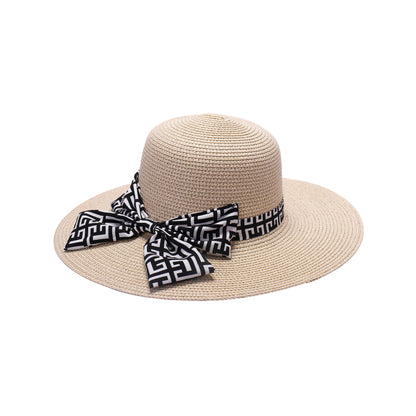 Ladies Sun Hat with Wide Brim and Geometric Pattern Bow