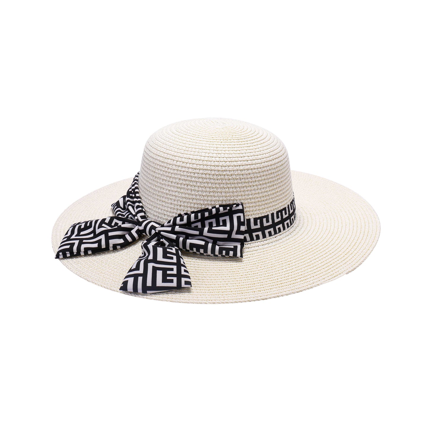 Ladies Sun Hat with Wide Brim and Geometric Pattern Bow